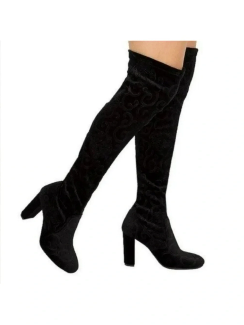 Black embroidered over the knee boots chunky block heel velvet